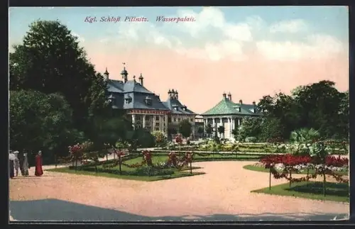 AK Dresden-Pillnitz, Schloss Pillnitz, Wasserpalais, Gartenanlage