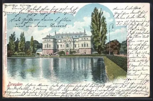 AK Dresden, Palais im Grossen Garten, Teichansicht