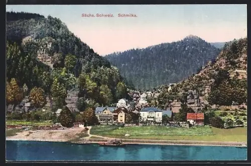 AK Schmilka /Sächs. Schweiz, Ortsansicht, Elbufer, bewaldete Felsen