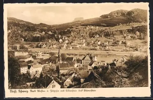 AK Wehlen /Sächs. Schweiz, Blick auf Stadt, Pötzscha, Lilienstein und Bärenstein