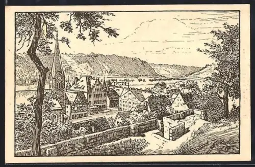 Künstler-AK Wehlen /Sächs. Schweiz, Markt, Kirche, Elbtalblick