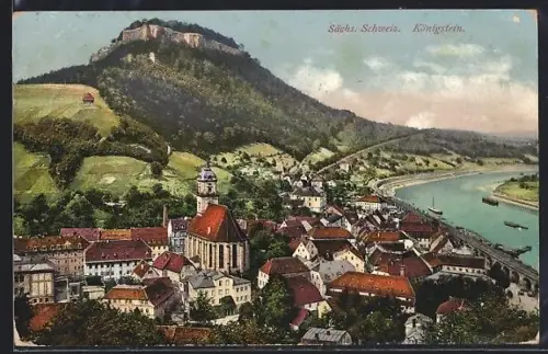 AK Königstein /Sächs. Schweiz, Stadtansicht, Elbe, Festung