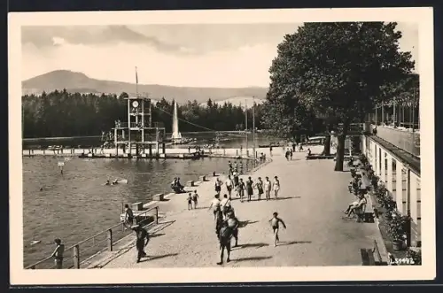AK Grossschönau i. Sa., Waldstrandbad, Becken, Sprungturm, Badegäste