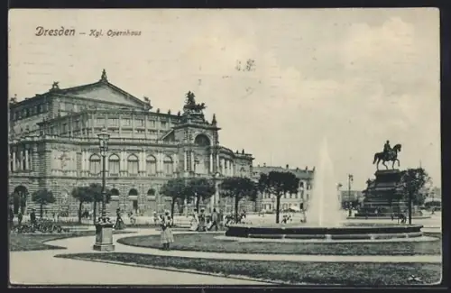 AK Dresden, Kgl. Opernhaus, Brunnen, Reiterstandbild