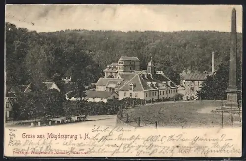 AK Mägdesprung i. H., Ortsansicht mit Denkmal