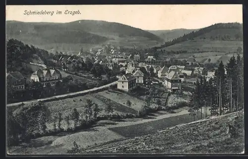 AK Schmiedeberg im Erzgeb., Ortsansicht mit umliegenden Bergen