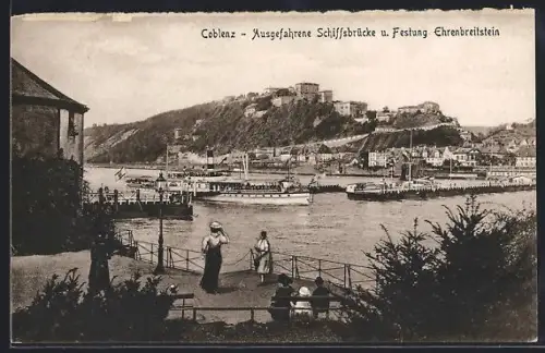 AK Koblenz, Ausgefahrene Schiffsbrücke, Festung Ehrenbreitstein