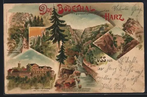 Lithographie Thale, Teufelsbrücke mit Rosstrappe, Hirschgrund, Hotel zur Rosstrappe mit Winzengrund