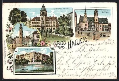 Lithographie Halle / Saale, Marktplatz mit Rathaus, kaiserliches Postamt, Moritzburg