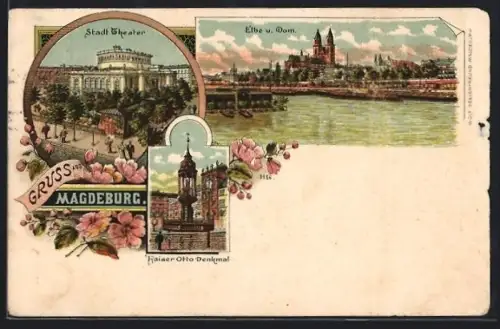 Lithographie Magdeburg, Elbe und Dom, Stadt-Theater, Kaiser Otto-Denkmal