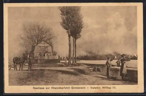 AK Gimbsheim, Gasthaus zur Rheinüberfahrt Valentin Willius III., Abschiedsszene beim Gasthaus