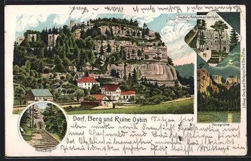Lithographie Oybin, Ortsansicht mit Ruine Oybin, Oberes Burgthor, Friedhof & Kirchruine