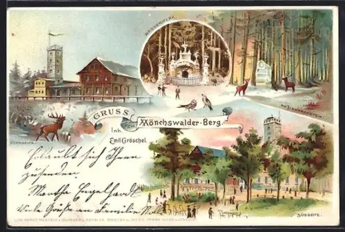 Lithographie Wilthen, Gasthaus Mönchswalder-Burg v. Emil Gröschel, Wasserwerk, Bismarckstein