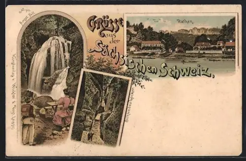 Lithographie Rathen, Amsel Fall und Schwedenlöcher