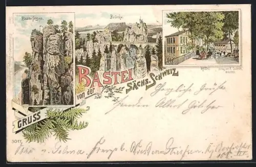 Lithographie Bastei /Sächs. Schweiz, Hotel, Basteifelsen und Brücke