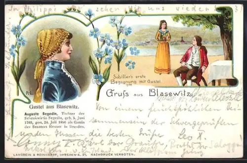 Lithographie Dresden-Blasewitz, Wirtstochter Gustel Segedin, Schillers erste Begegnung mit Gustel