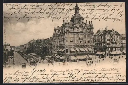 AK Dresden, Pirnaischer Platz u. Moritzallee mit Kaiser-Palast aus der Vogelschau, Strassenbahn