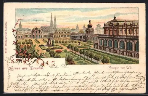 Lithographie Dresden, Zwinger mit Anlagen u. Denkmal, gesehen vom Wall