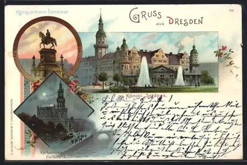 Lithographie Dresden, Königl. Schloss, Katholische Hofkirche bei Vollmond, König Johann Denkmal