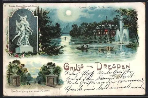 Lithographie Dresden, Grosser Garten, Raub der Schönheit u. Carola See im Mondschein, Haupteingang