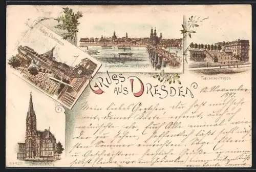 Lithographie Dresden, Augustusbrücke von Neustadt aus, Terrassentreppe