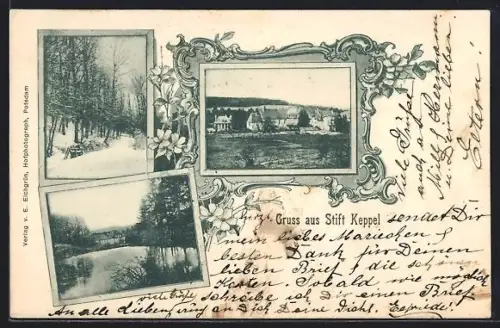 AK Hilchenbach, Stift Keppel mit Umgebung, Gewässerpartie, Winterlandschaft