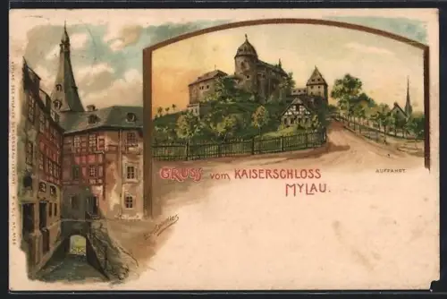 Künstler-AK Erwin Spindler: Mylau, Kaiserschloss, Tor