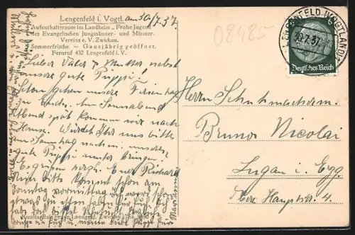 AK Lengenfeld i. V., Landheim Frohe Jugend d. ev. Jungmänner- u- Männervereins Zwickau, Innenansicht Speisesaaal