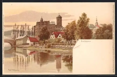 Künstler-AK Zschopau, Schloss mit Brücke