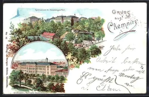 Lithographie Chemnitz, Gymnasium m. Kassbergauffahrt, Schillerplatz u. Technische Staatslehranstalt