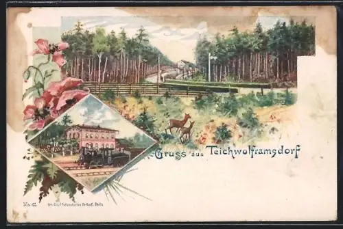 Künstler-AK Teichwolframsdorf, Strassenpartie am Wald, Ortspartie mit Eisenbahn