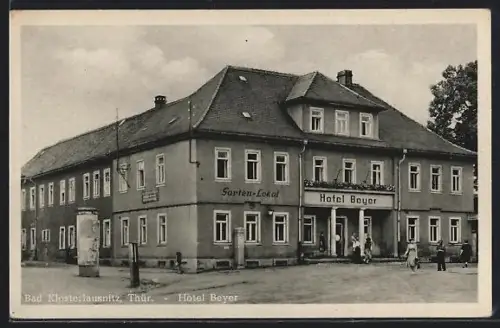 AK Bad Klosterlausnitz /Thür., Hotel Beyer mit Litfasssäule