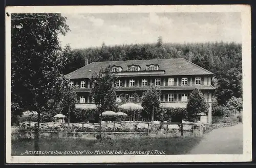 AK Eisenberg /Th., Mühltal, Hotel-Pension Waldhaus Amtsschreibersmühle G. Kühne, von der Strasse gesehen
