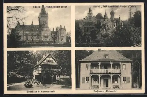 AK Hummelshain /Th., Gaststätte Siebshaus, Forsthaus Rieseneck, Schloss Hummelshain u. Fröhliche Wiederkunft