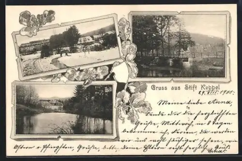 AK Hilchenbach, Stift Keppel, Ansichten im Winter u. vom Wasser aus, Brücke, Eichenblätter, Rahmen