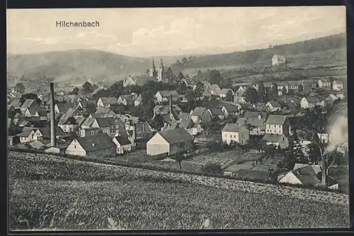 AK Hilchenbach, Totalansicht mit Fabrikschlot und Kirche aus der Vogelschau