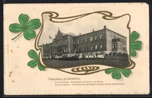 AK Osnabrück, Waisenhaus mit Kindern und Personal, Kleeblatt-Passepartout