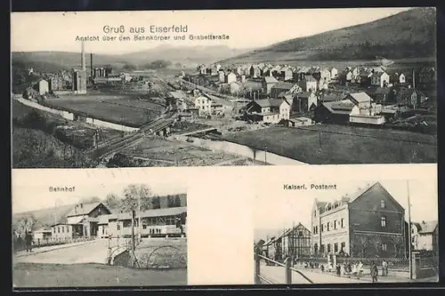 AK Eiserfeld, Totalansicht, Bahnhof und Postamt