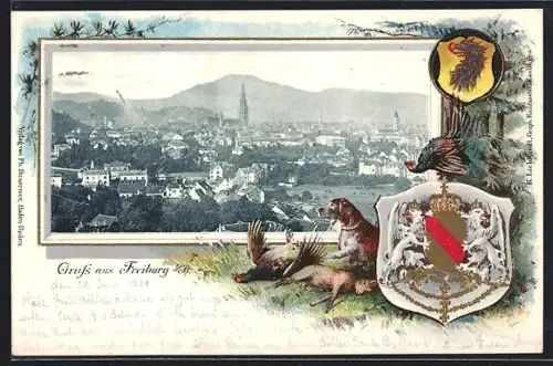 Passepartout-Lithographie Freiburg i. B., Teilansicht der Stadt, Wappen und Jagdhund mit Beute