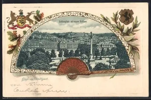 Passepartout-Lithographie Stuttgart, Schlossplatz mit neuem Schloss in einem Fächer