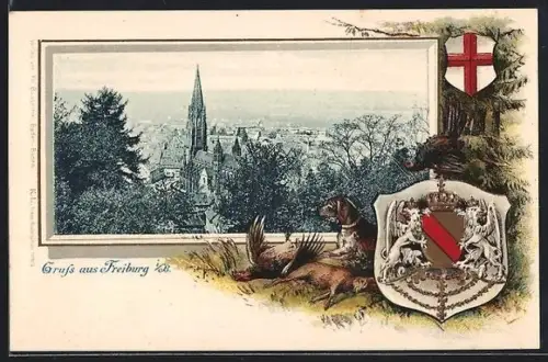 Passepartout-Lithographie Freiburg i. B., Teilansicht mit Münster, Wappen