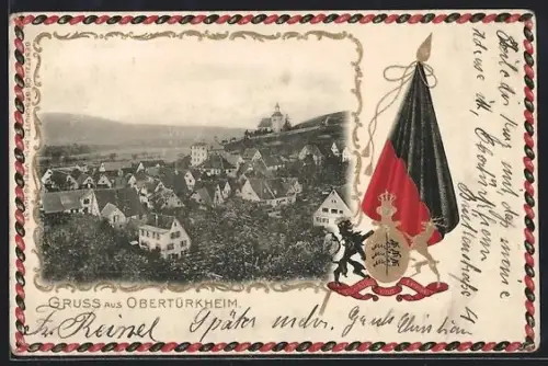 Passepartout-Lithographie Obertürkheim, Teilansicht aus der Vogelschau, Fahne, Wappen