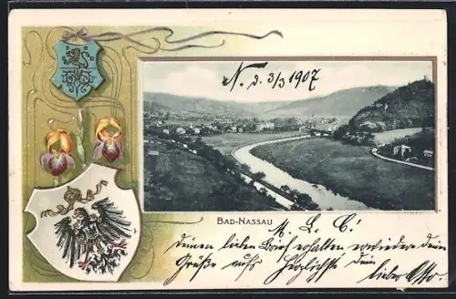 Passepartout-Lithographie Bad-Nassau, Teilansicht des Ortes mit Wappen und Wappen des Kaiserreichs