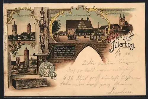 Lithographie Jüterbog, Rathaus mit Kriegerdenkmal, Zinnaer Thor