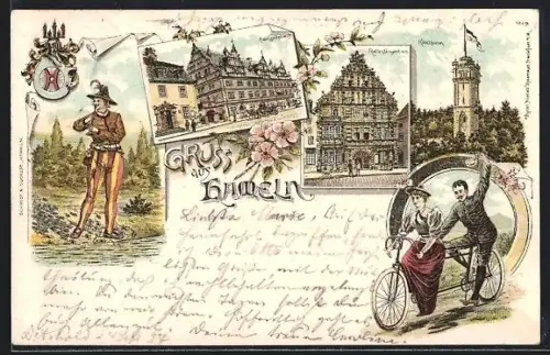 Lithographie Hameln, Rattenfänger, Hochzeitshaus, Rattenfhängerhaus