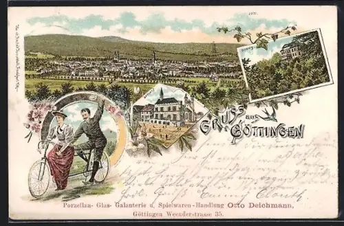 Lithographie Göttingen, Haus Rohns, Rathaus, Tandemfahrrad
