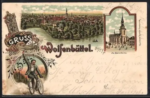 Lithographie Wolfenbüttel, Gesamtansicht und Marienkirche