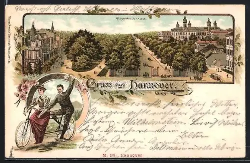 Lithographie Hannover, Vivat Continental Pneumatic, Paar auf Tandem-Fahrrad