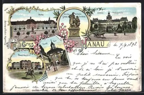 Lithographie Hanau, Frankfurter-Thor, Ulanen-Kaserne, Markt, Grimm-Denkmal und Schloss Philippsruhe