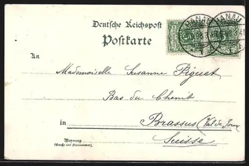 Lithographie Hanau, Frankfurter-Thor, Ulanen-Kaserne, Markt, Grimm-Denkmal und Schloss Philippsruhe